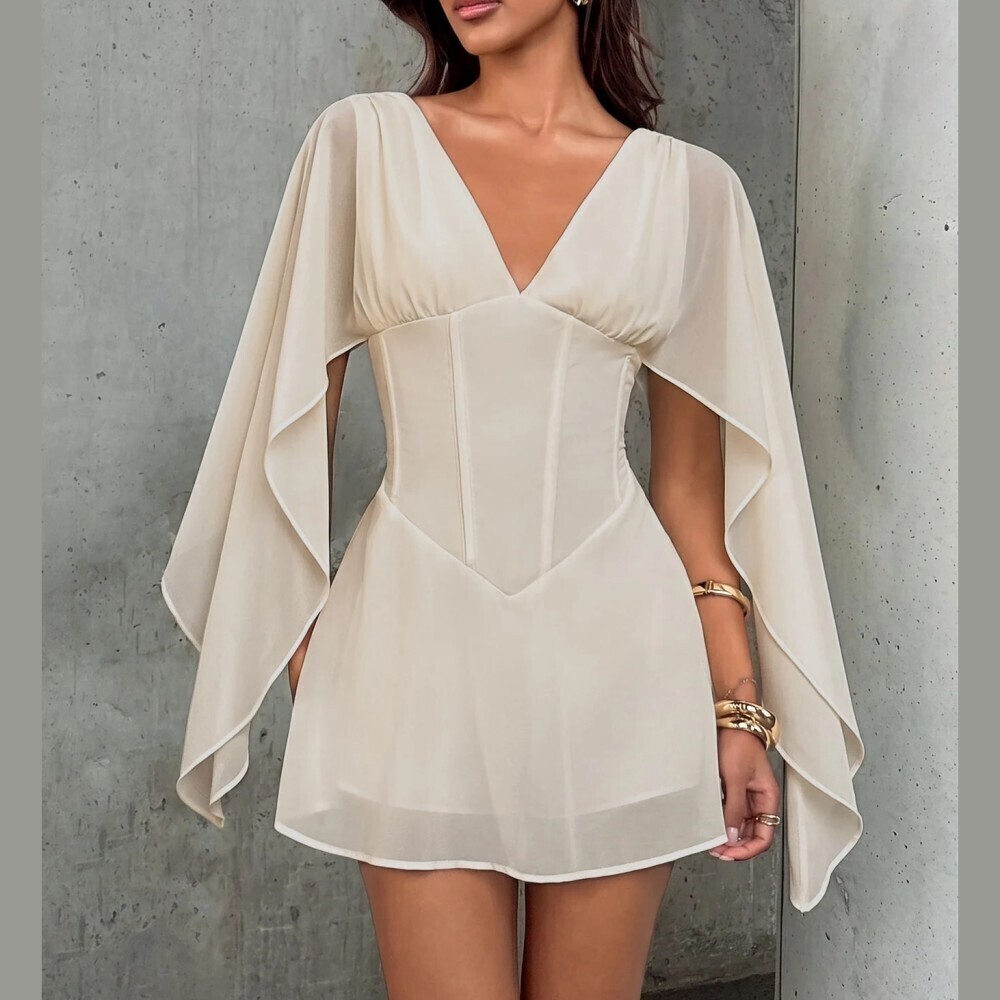 Cream Chiffon Deep V Neck Cape Sleeve Corset Seam Mini Dress